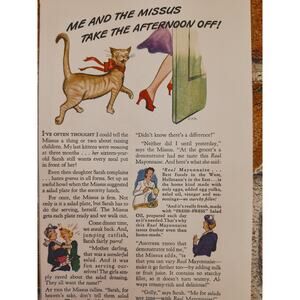 1942  "Me and the‎ Missus Take Afternoon Off!" Happy Cat Hellmans Mayo Print Ad